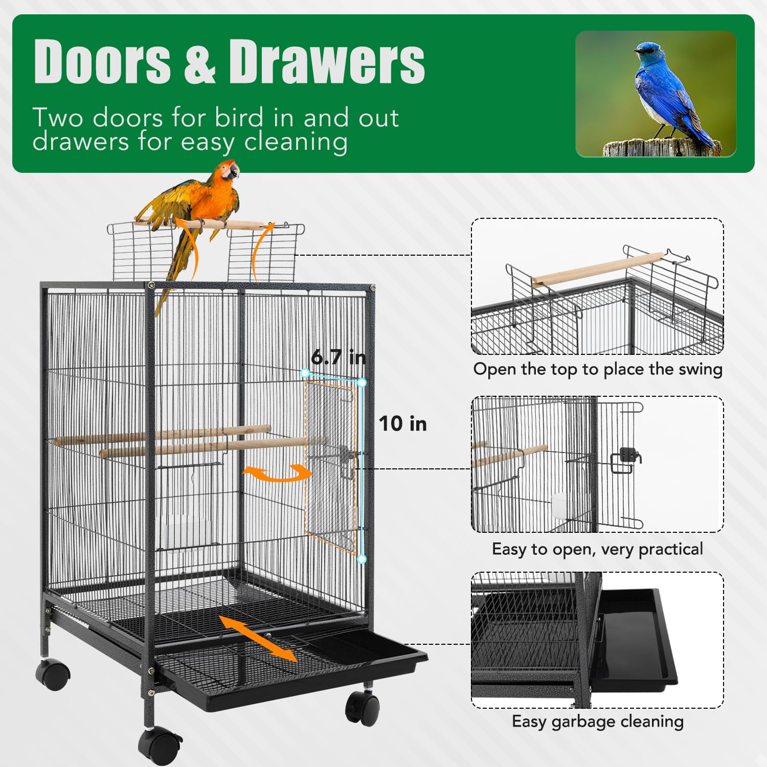 BestPet 35 inch Wrought Iron Bird Cage with Play Open Top and Rolling Stand,Large Parrot Cage Bird Cages for Parakeets,Cockatiel